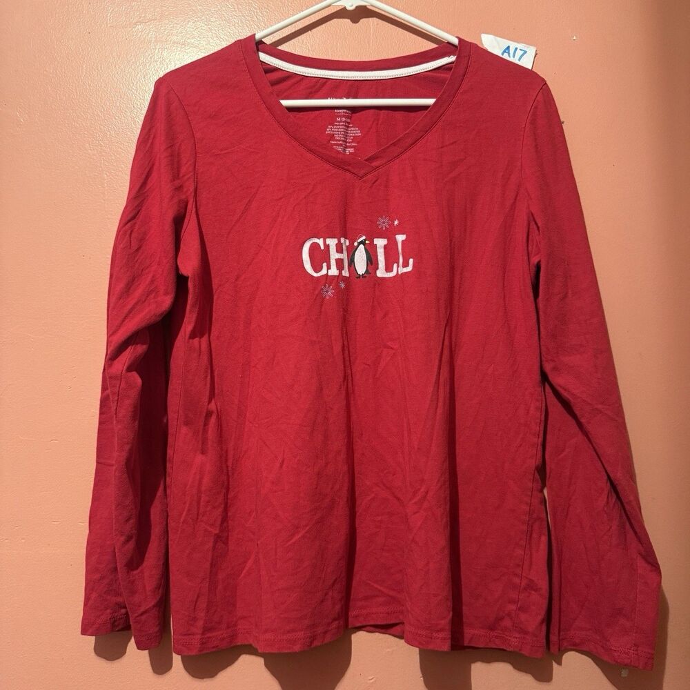 White Stag Womens Sleepwear M Medium 8-10 Red Long Sleeve Tee Shirt Chill